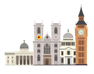 Naklejka premium London street skyline vector Illustration. Westminster Abbey, Big Ben Clock-tower and St. Paul's Cathedral buildings icon. England landmark, London city abstract street cartoon style. Isolated white
