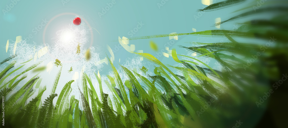 Wall mural close up meadow from worm view against blue sky and red balloon, digital illustration art painting design style.