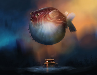 a puffer fish flying above a barn home against mystery woods, digital illustration art painting design style. © thanawong