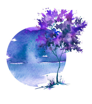 Watercolor woods silhouette. The blue moon, the full moon, the dawn. On an isolated white background. Ecological abstract art illustration,logo. Abstract spots, shore,  watercolor landscape.