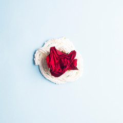 red rose on whipped cream, pastel background, romantic concept