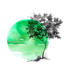 Watercolor summer, spring landscape. green tree on a bright green grass. On a white background. Black blot, a splash of paint. Environmental pollution. In a circular element. Nature, tree, bush