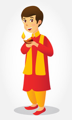 Cute carton indian boy holding diya (india oil lamp) celebrating  the festival of lights Diwali or Deepavali isolated on white background