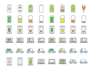 Battery charging color icons set