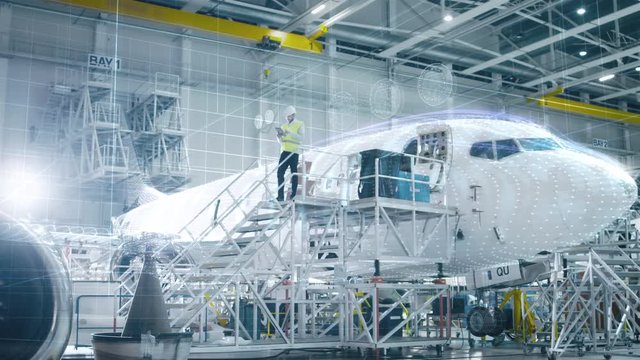 Concept of: In Hangar Engineer Holding Tablet Computer Standing On a Ramp Near Airplane Conducts Digitilized Maintenance Analysis. Animated 