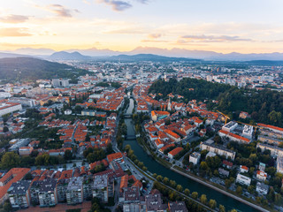 Obraz premium Aerial view of Ljubljana, capital of Slovenia at sunset