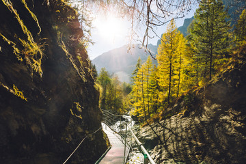 The footbridge of the Leukerbad thermal springs (Dala gorge) during fall.