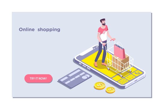 Ecommerce.Online store, shopping cart icon.Isometric vector illustration