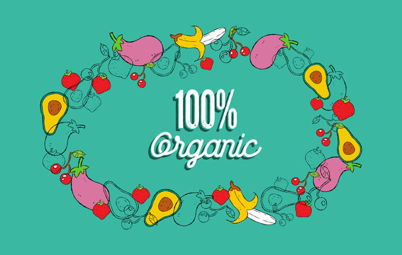 Organic food greeting card vegetables and fruit background