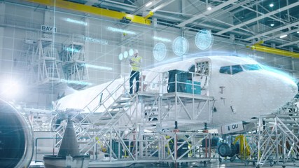 Concept of: In Hangar Engineer Holding Tablet Computer Standing On a Ramp Near Airplane Conducts Digitilized Maintenance Analysis. Animated  - Powered by Adobe