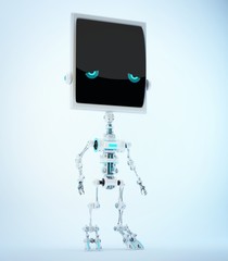 Unique silver slim bone robot with sad digital eyes. 3d render / Sad bone robot 3d illustration
