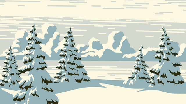 Horizontal illustration of snowy spruces with clouds.