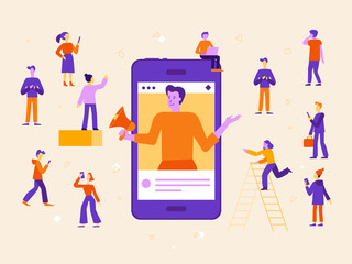 Vector illustration in flat simple style with characters - influencer marketing concept