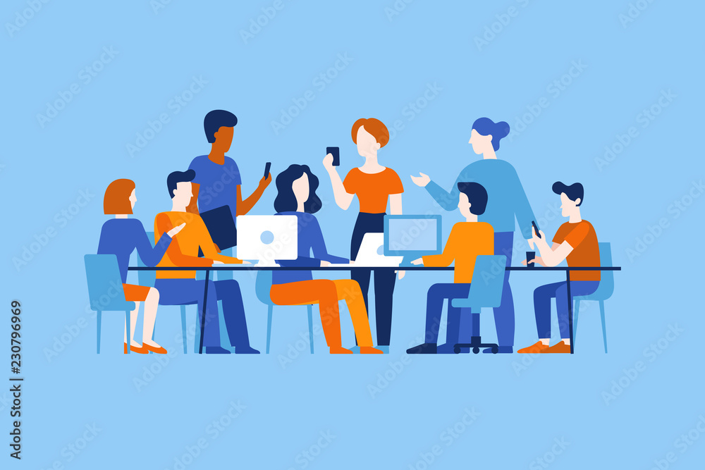 Poster Vector illustration in flat simple style with characters - app and software development - people working together