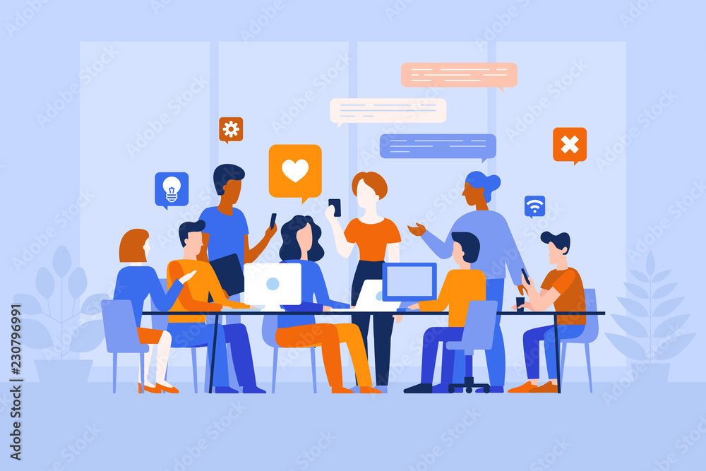 Poster Vector illustration in flat simple style with characters - app and software development
