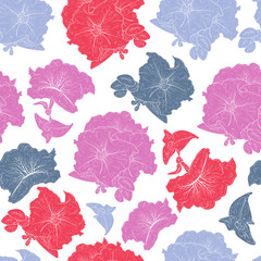 Petunia. Color pattern. Flowers, leaves. Texture, wallpaper, seamless. Silhouette.