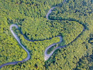 Transfagarasan national road DN7C connecting regions of Transylvania and Wallachia. Winding asphalt paved road in woods of Carpathian mountains, Romania. Aerial drone view. Map view