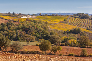 Picturesque Tuscany autumn landscape with plowed fields, yellow vineyards and village, Italy