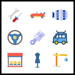 car icons set. cables, crankshaft, wheel and steel graphic works