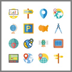 16 map icon. Vector illustration map set. planet earth and compass icons for map works