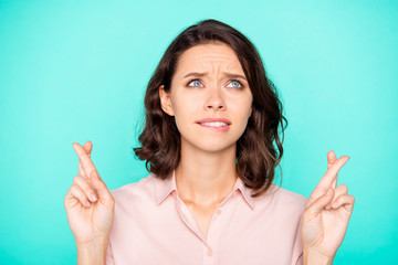 Close-up portrait of scared unsure worried nice cute attractive 