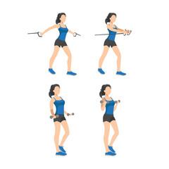 Fototapeta na wymiar Workout girl set. Woman doing fitness and yoga exercises. Lunges and squats, plank and abc. Full body workout. Warming up, stretching