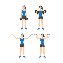 Fototapeta na wymiar Workout girl set. Woman doing fitness and yoga exercises. Lunges and squats, plank and abc. Full body workout. Warming up, stretching 