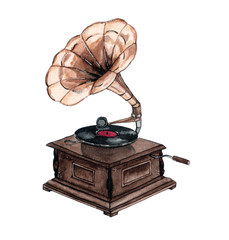 Watercolor vintage gramophone isolated on white background.