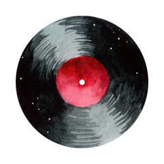 Naklejka premium Round vinyl record with red label watercolor paint. Hand drawn watercolor element on white background.