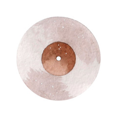 Naklejka premium Round vinyl record with gold label watercolor paint. Hand drawn watercolor element on white background.