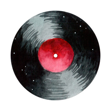 Round vinyl record with red label watercolor paint. Hand drawn watercolor  element on white background. Stock Photo | Adobe Stock