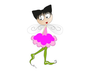 Beautiful little fairy. She s blonde. Princess dancing in a ballerina costume. She is wearing socks with a Christmas pattern and a red cloak trimmed with fur. Vector on white background.