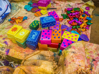 Colorful, almost finished, African soapstone souvenirs and gifts hand carved, painted and polished in  Tabaka, Kisii County, Kenya. Primary occupation & source of income for local people.