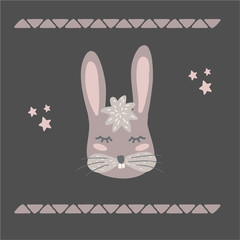 Vector Illustartion with cute animal on black background. Funny bunny. Retro style.It`s time to siesta phrase. Perfect fo kids cards, posters, book illustration and other design projects. EPS10