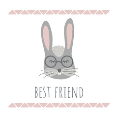 Vector Illustartion with cute animal on white background. Funny bunny. Retro style. Best friend phrase. Perfect fo kids cards, posters, book illustration and other design projects. EPS10