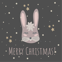 Vector Illustartion with cute animal on black background. Funny bunny. Retro style.Merry Christmas. Perfect fo kids cards, posters, book illustration and other design projects. EPS10