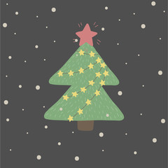 Winter and Christmas illustration with green fir tree  on dark background. perfect for kids kards, banners, book illustrations and othe design projects.Vector.EPS 10