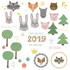 Big set of cute animals, fir trees and other decorative elements for kids cards, posters, books and other design project. Vector illustration.2019. eps 10