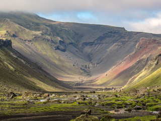 Obraz premium Landscape with Eldgja volcanic canyon and blue sky, Highlands of Iceland