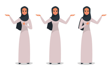 Young Arabic business woman wearing hijab presenting something with two hands.set of arab girl in various poses: wide-open arms, welcoming posture, demonstrates something. vector illustration 
