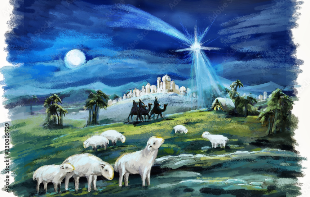 Wall mural religious illustration three kings - and holy family - traditional scene with sheep and donkey - ill