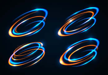 Vector light effect. The object s light stroke. Circular lens flare. Abstract rotational lines. Power energy element. Luminous sci-fi. Shining neon lights cosmic abstract frame. Magic round frame.