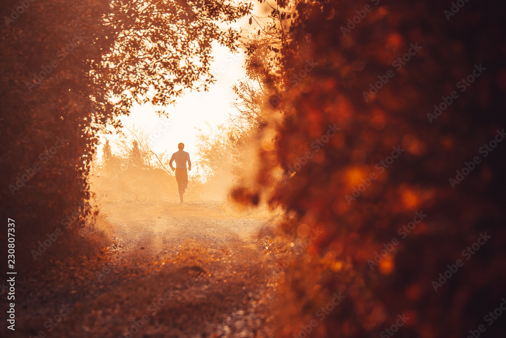 Wall mural Man running in orange autumn misty nature