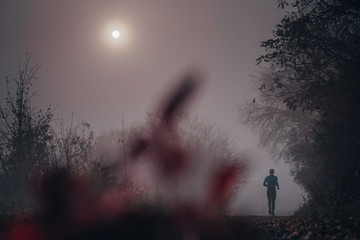 Runner silhouette in dark autumn morning nature