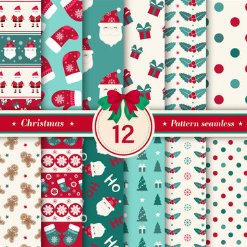 Merry Christmas pattern seamless collection. Set of 12 X-mas winter holiday background . Endless texture for giftwrap, wallpaper, web banner background, wrapping paper and Fabric patterns. 