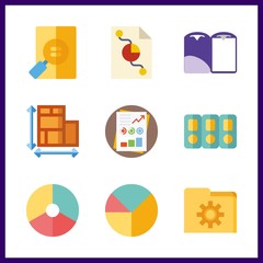 9 documents icon. Vector illustration documents set. plans and pie chart icons for documents works