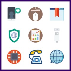 9 internet icon. Vector illustration internet set. usb and shield icons for internet works