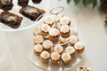 Delicious and tasty dessert table with cupcakes shots at reception closeup