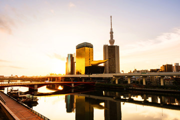 Fototapeta premium Linia horyzontu w ranku, chmurny niebo nad obszarem miejskim w Asakusa, Tokio