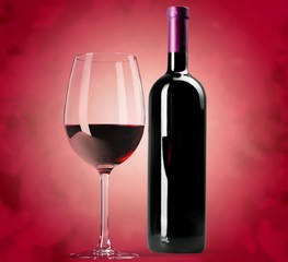 Red Wine in Bottle and Glass on white background